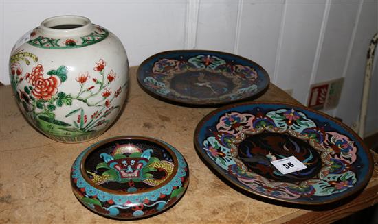 Pr cloissone plates, bowl & ginger jar(-)